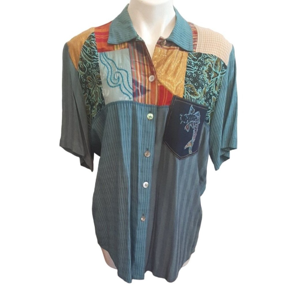 Large Faith by Celia Forrester Blouse Top Short Slv Embellished Beads Fish Linen